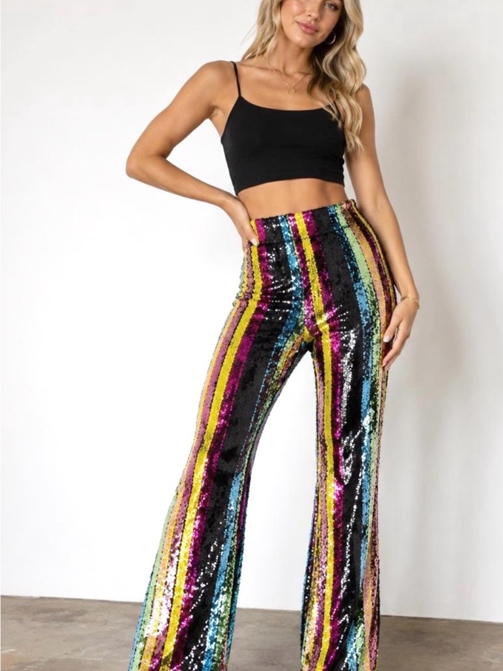 Sequin Stripe High-Waist Flare Pants - Multicolor from Forever 21 Sz Lg